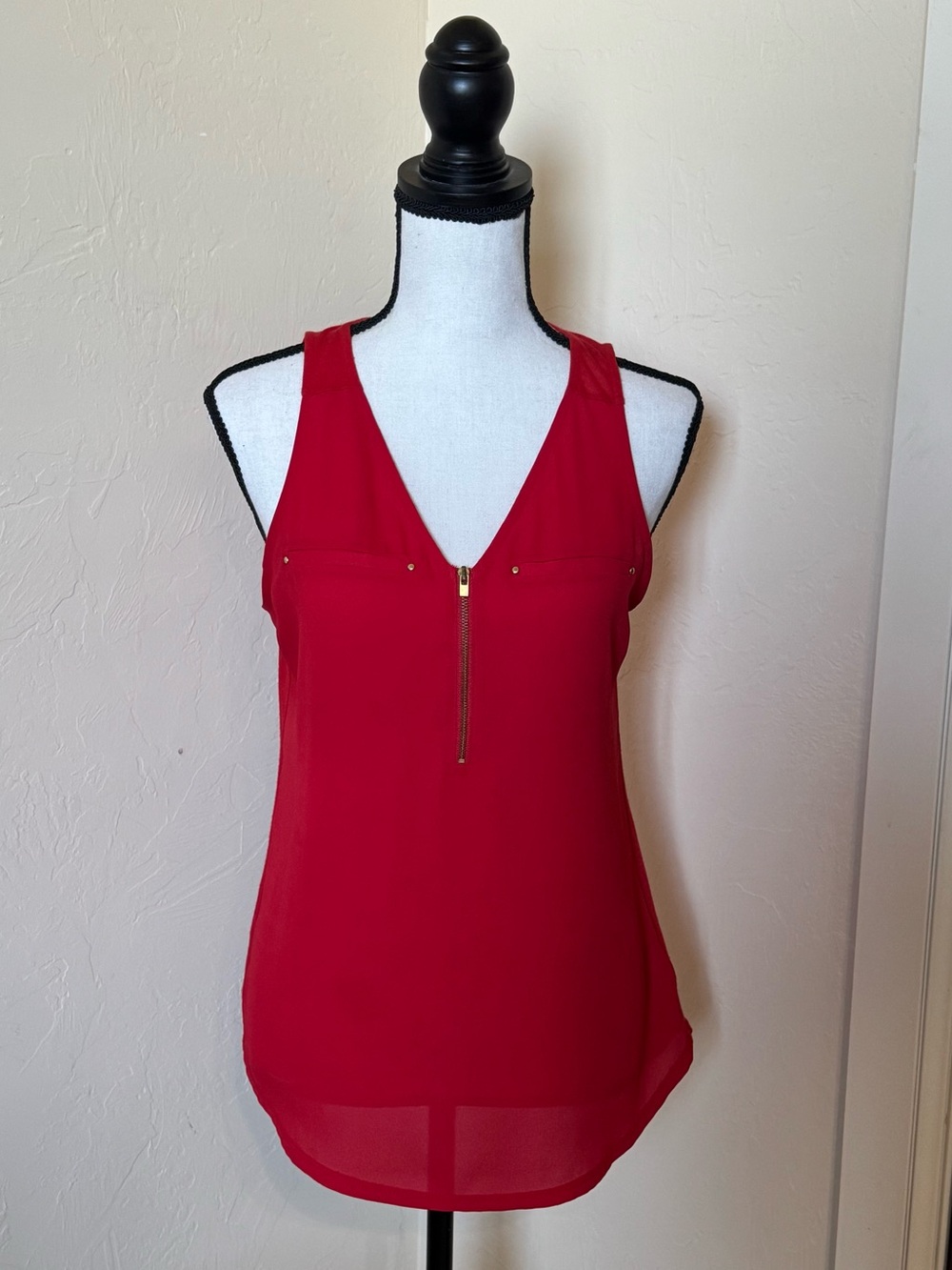 Express Red Sleeveless Zip-Front V-Neck Top